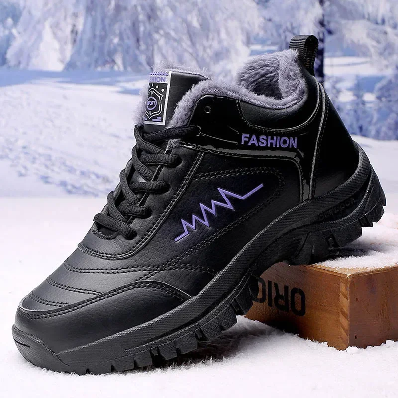 Botas de nieve de invierno para hombre, zapatos de trabajo de felpa para mantener el calor, zapatillas de deporte para hombre, botas de nieve impermeables para exteriores, zapatos informales, botas de cuero - imagen 2