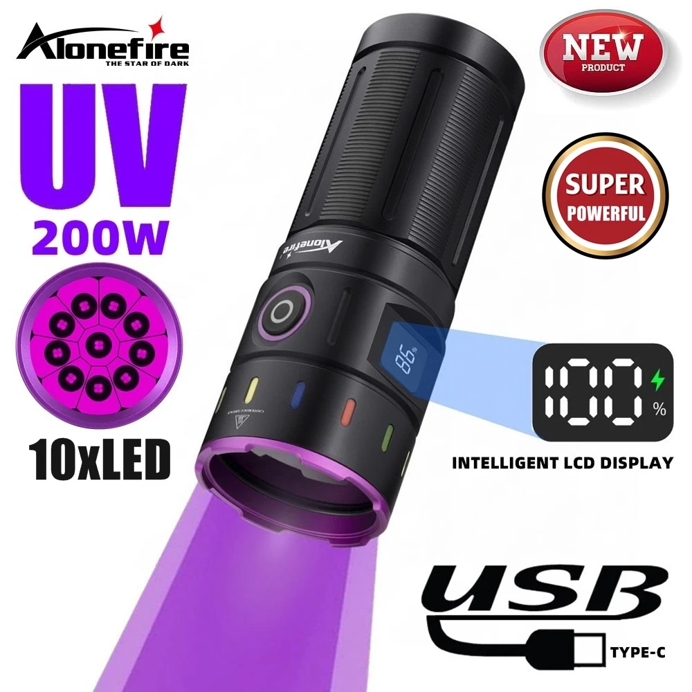 Linterna UV LED de 200W, 10x, 365nm, linterna de luz negra de alta potencia, recargable por USB, luz fluorescente para mancha de orina de mascota, dinero de escorpión