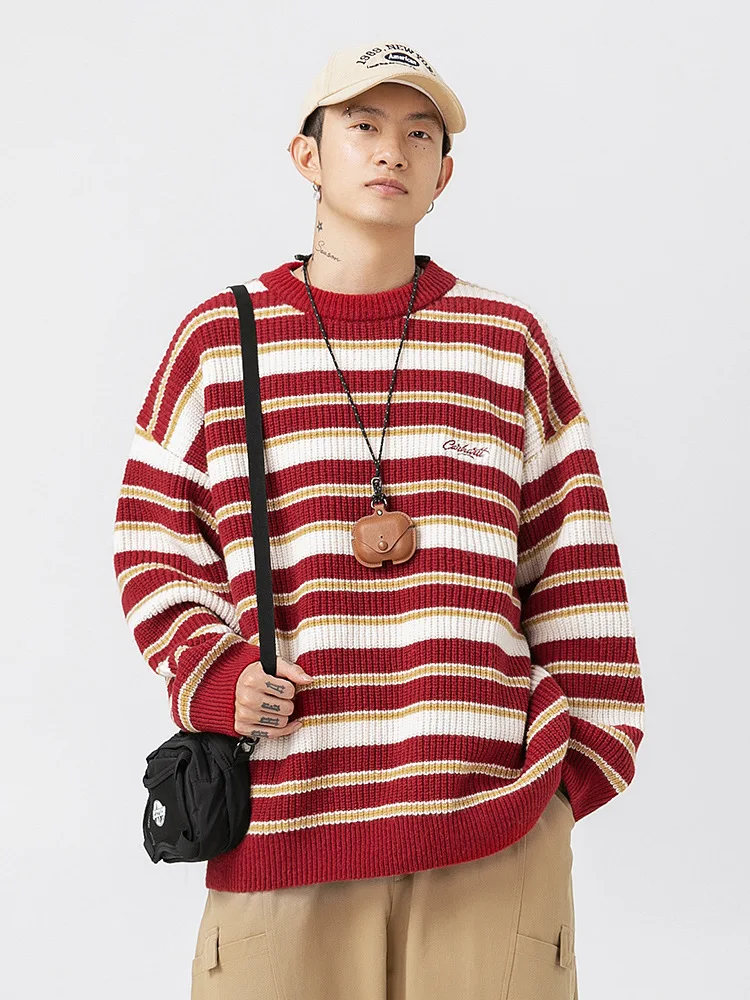 Suéter de rayas Vintage para hombre, prendas de punto informales, ropa de calle Harajuku, jerséis de Hip Hop, Tops para parejas, Otoño e Invierno - imagen 3