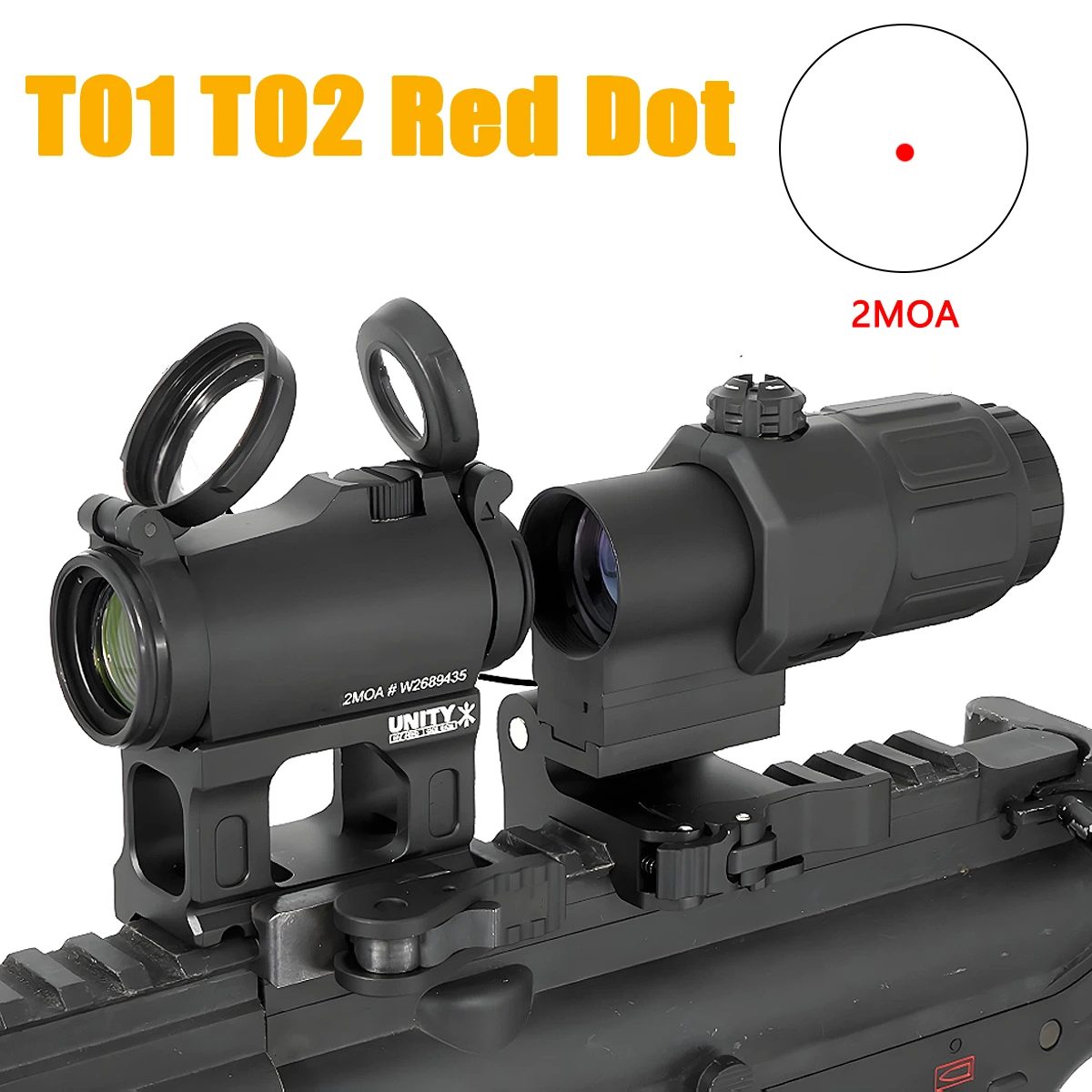 Mira de punto rojo T01 T02 2MOA, óptica de mira réflex táctica de 1x22mm, mira de punto rojo con soporte elevador de unidad con logotipo de marcado Original - imagen 2