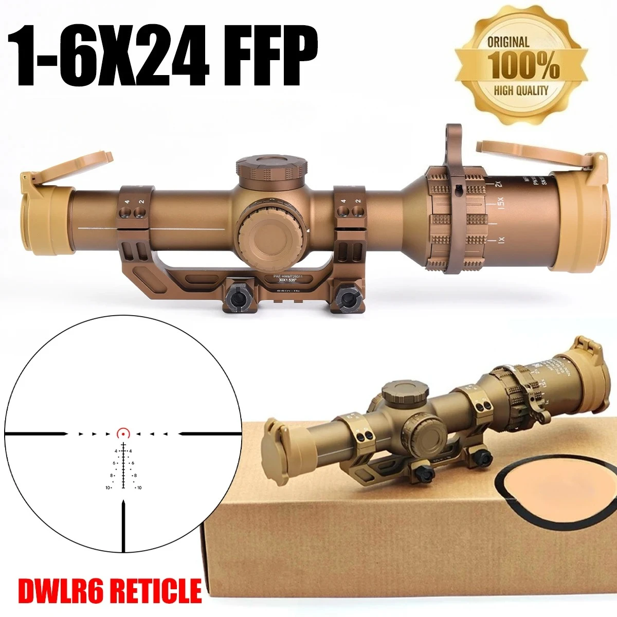 Caza 1-6X24mm táctico 6T SCOPE FFP primer plano Focal mira telescópica DWLR6 retícula iluminada con soporte de abrazadera voladiza de 30mm