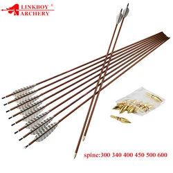 12 flechas de carbono puro de 32 pulgadas, columna vertebral 300,40, 400, 450, 500, 600, 700, 4 ", flechas de piel de madera con plumas de pavo para caza con arco y flecha