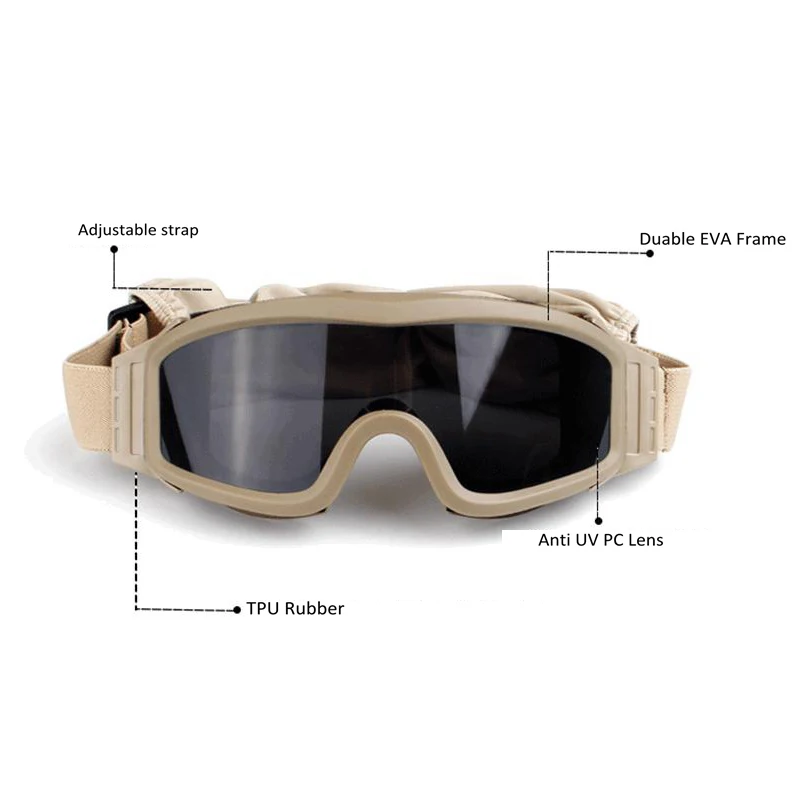 Gafas tácticas militares a prueba de viento y polvo, gafas de montañismo todoterreno para motocicleta, protección de seguridad CS, 3 lentes - imagen 3
