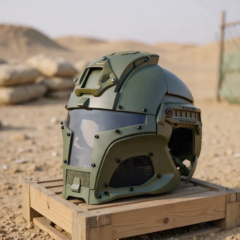 Casco táctico de cara completa Airsoft, malla de acero, lente de PC HD, cascos compactos para acampar, juegos de combate al aire libre