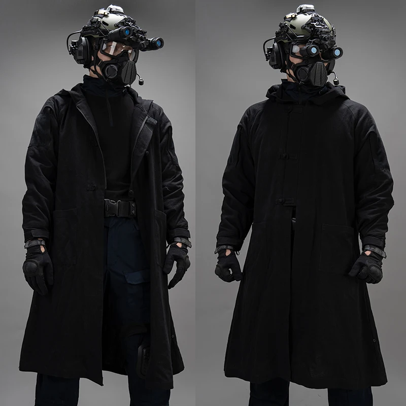 BACRAFT-abrigo largo táctico para exteriores, bata de laboratorio mejorada, chaqueta totalmente de algodón, crepé de cáñamo de imitación, vestido largo, abrigo cortavientos - imagen 5