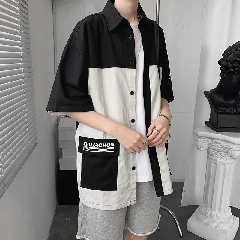 Camisa de manga corta para hombre, camisa de trabajo holgada informal de estilo de Hong Kong, Top de contraste de estilo veraniego, camisas holgadas con bloqueo de Color - imagen 3
