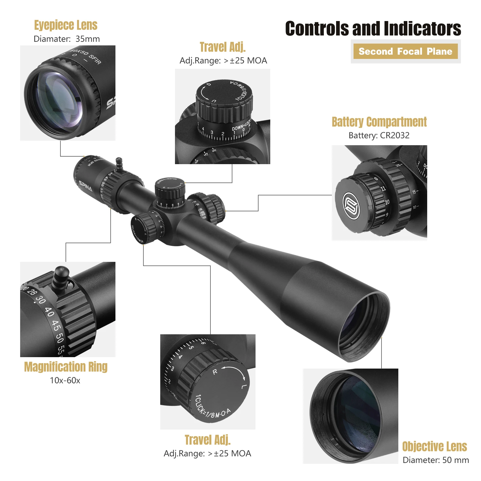 SPINA OPTICS-mira de Rifle HD 10-60x50 PCP/carabina, torretas de caza, bloqueo, reinicio, paralaje lateral, vista Adj, Fit.308.556, 7,62 etc - imagen 3