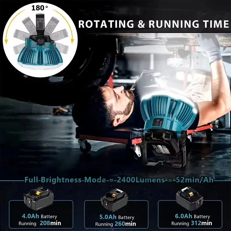Luz LED de advertencia portátil de 24W, luz de trabajo, iluminación exterior para herramientas eléctricas Makita, lámpara LED con batería de litio de 14,4 V, 18V y 20V - imagen 5