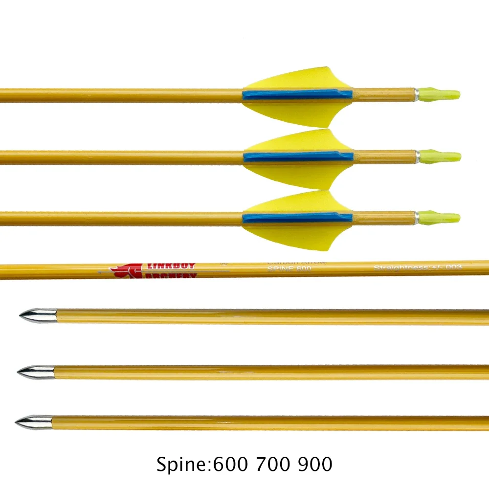 12 Uds Linkboy tiro con arco flechas de carbono puro eje Spine600 700 900 ID4.2mm flechas para arco recurvo tiro con arco largo