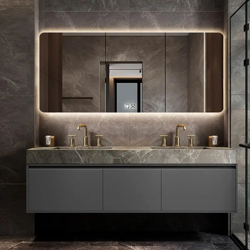 Tablero de roca de lujo ligero, gabinete de baño de lavabo doble simple y moderno, combinación de pintura para hornear de roble, lavabo de baño, lavarse las manos - imagen 2