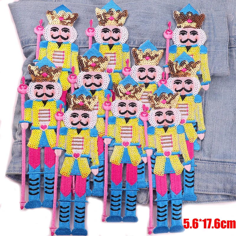 Parche de Cascanueces bordado de lentejuelas, parches para planchar para ropa, chaquetas, DIY, parche de costura de soldado rey de dibujos animados, venta al por mayor, 10 Uds. - imagen 2