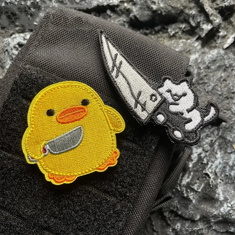 Parches tácticos con gancho y bucle con emblema bordado de pato amarillo para bebé, insignia masculina "Pull Out My 40M Machete Cat" para apliques de ropa DIY - imagen 2