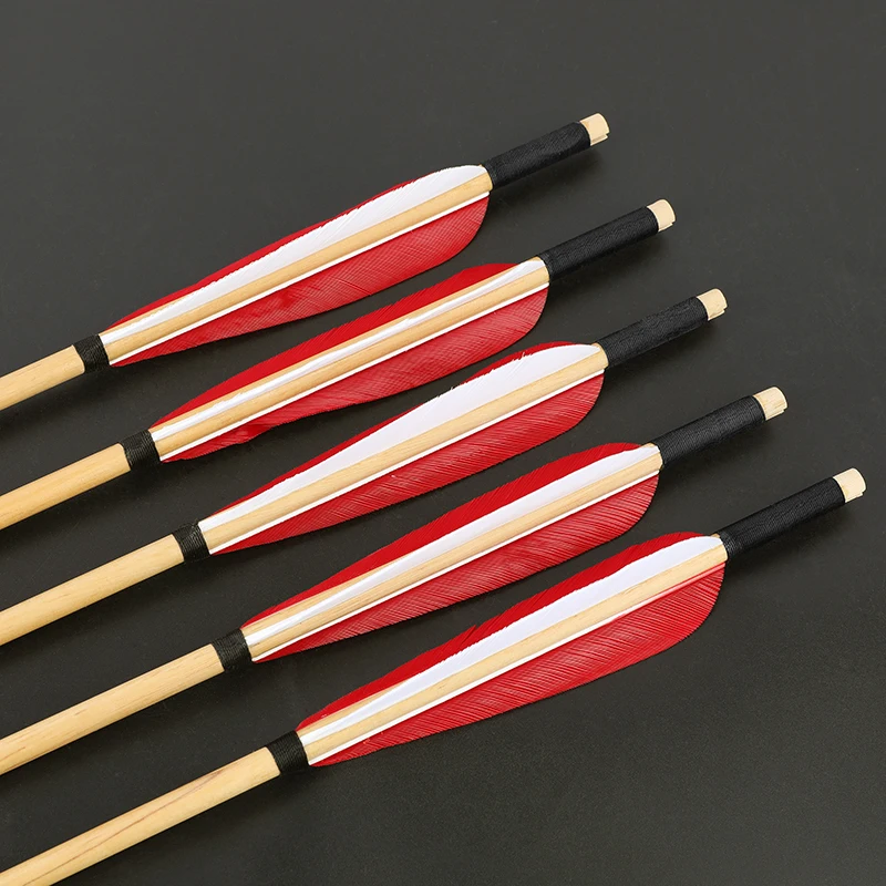 6/12 Uds flechas de madera tiro con arco 80cm madera blanca OD 8mm eje de flecha 5 pulgadas pluma de pavo para tiro de caza con arco largo tradicional - imagen 5