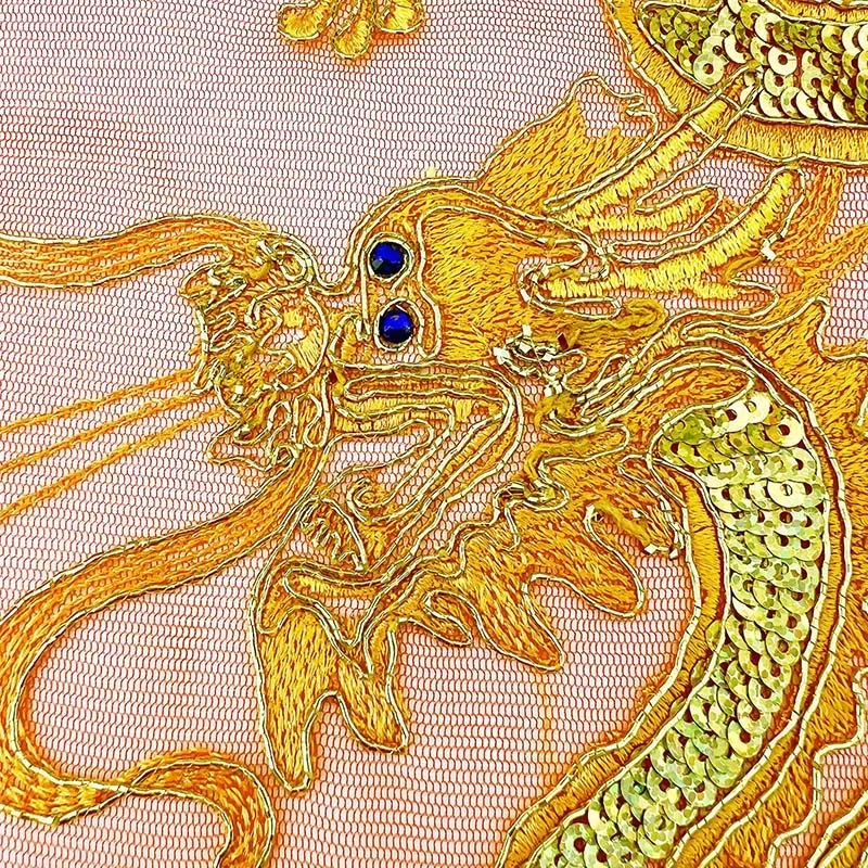 Parche de costura bordado de encaje de hilo dorado de lentejuelas para vestido, Cheongsam, apliques de dragón dorado, Fénix, 23x44CM - imagen 4