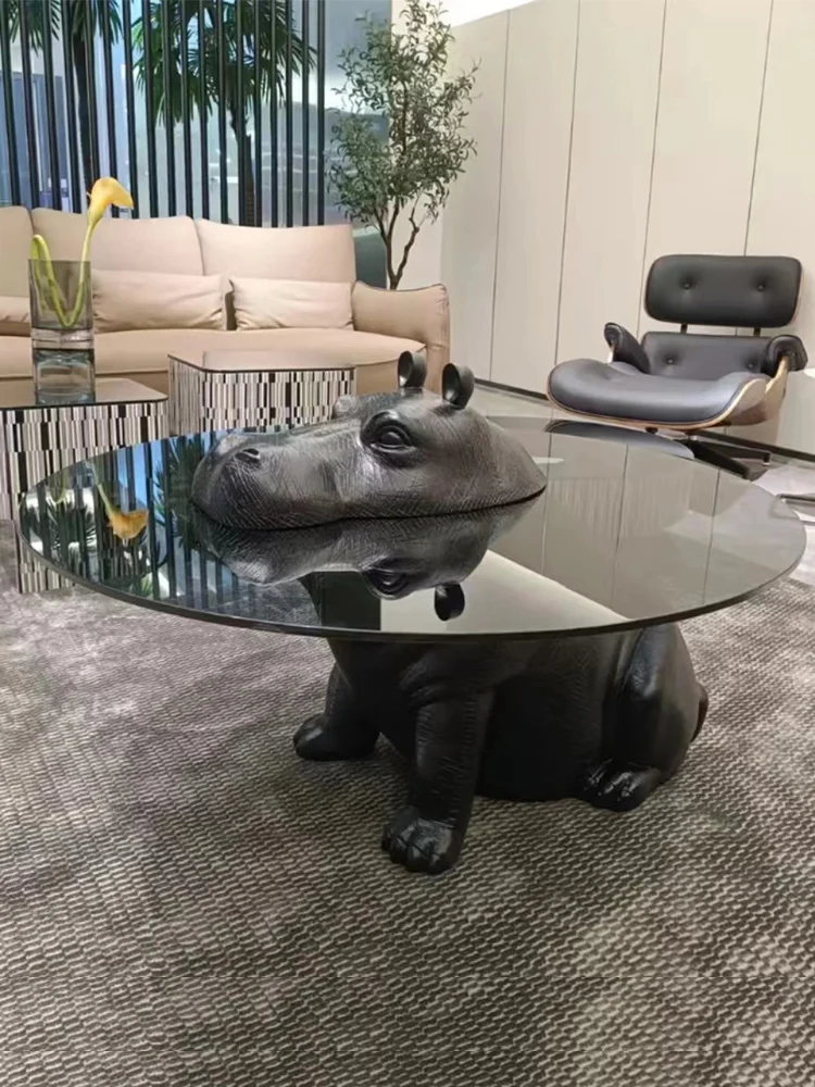 Mesa de centro, sala de estar, forma de hipopótamo para el hogar, mesa de vidrio templado, personalidad creativa redonda, - imagen 3