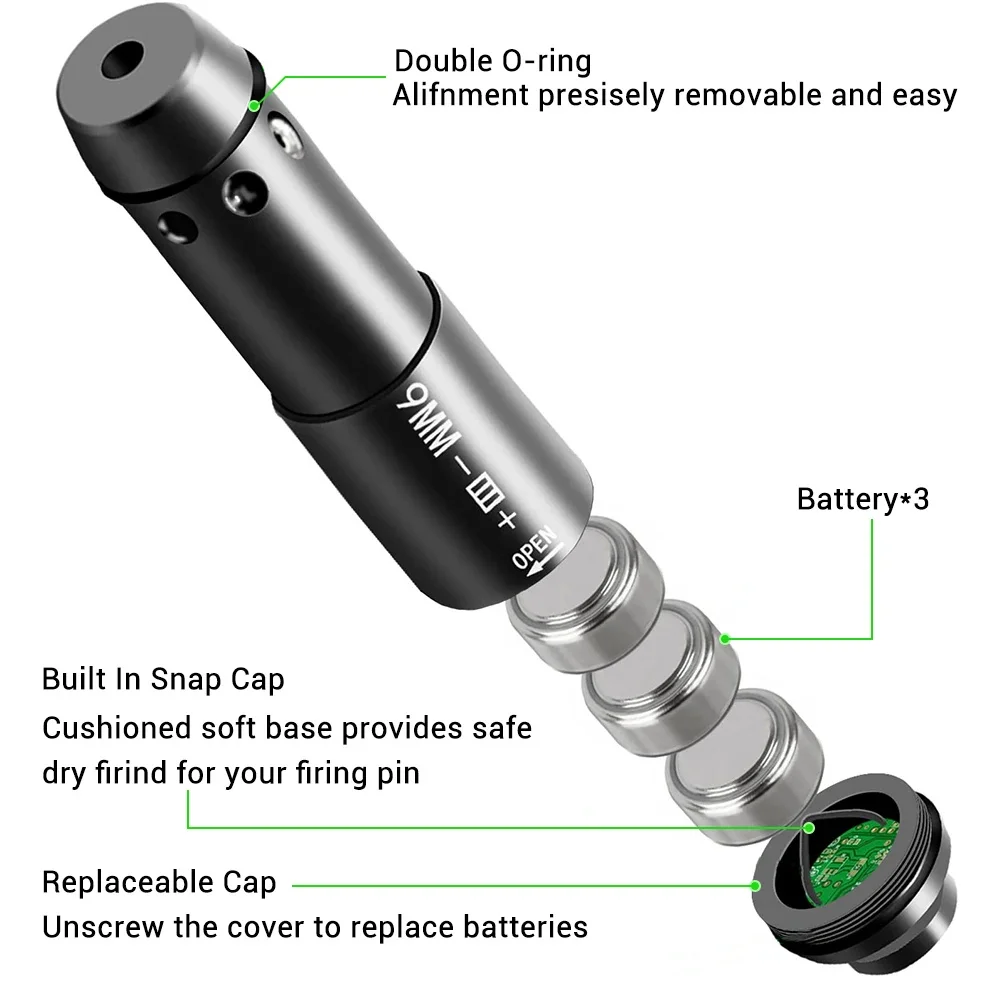Cartucho de entrenamiento láser verde, calibre 9x19mm, entrenamiento láser táctico, vista de orificio de bala para práctica de entrenamiento de fuego seco - imagen 2