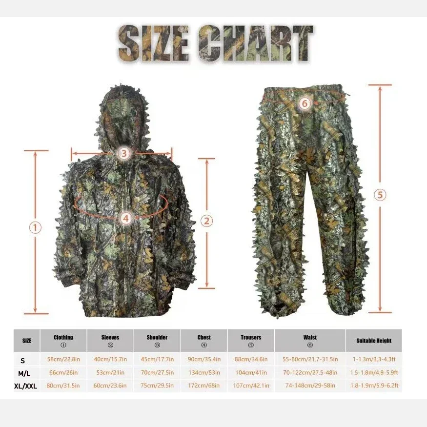 Traje Ghillie 5 en 1, traje de camuflaje transpirable para hombres y mujeres, ligero con capucha, diseño de hojas salvajes, trajes Ghillie de cazador de bosque - imagen 3