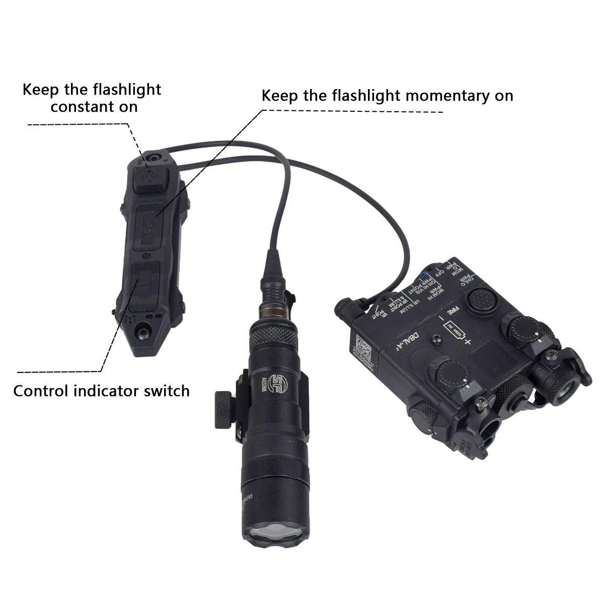 Botón de presión de interruptor doble remoto táctico para PEQ-15 PEQ-16 DBAL-A2 Surefire M300 M600 para riel Keymod m-lok de 20mm - imagen 4
