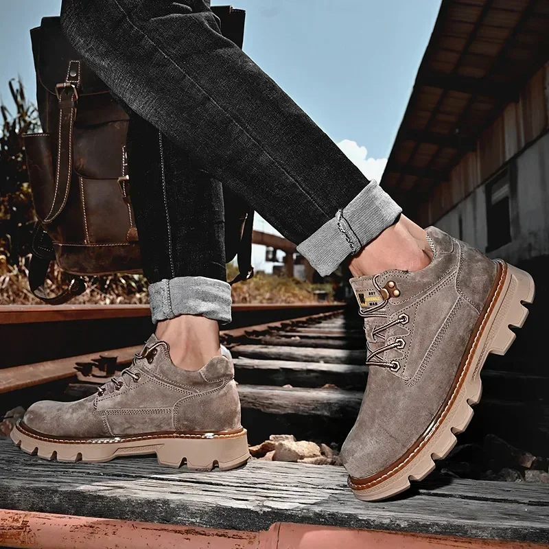 Botas de cuero genuino para hombre, ropa de trabajo de fondo grueso de estilo inglés, zapatos de invierno para exteriores, botas de media caña para hombre - imagen 3