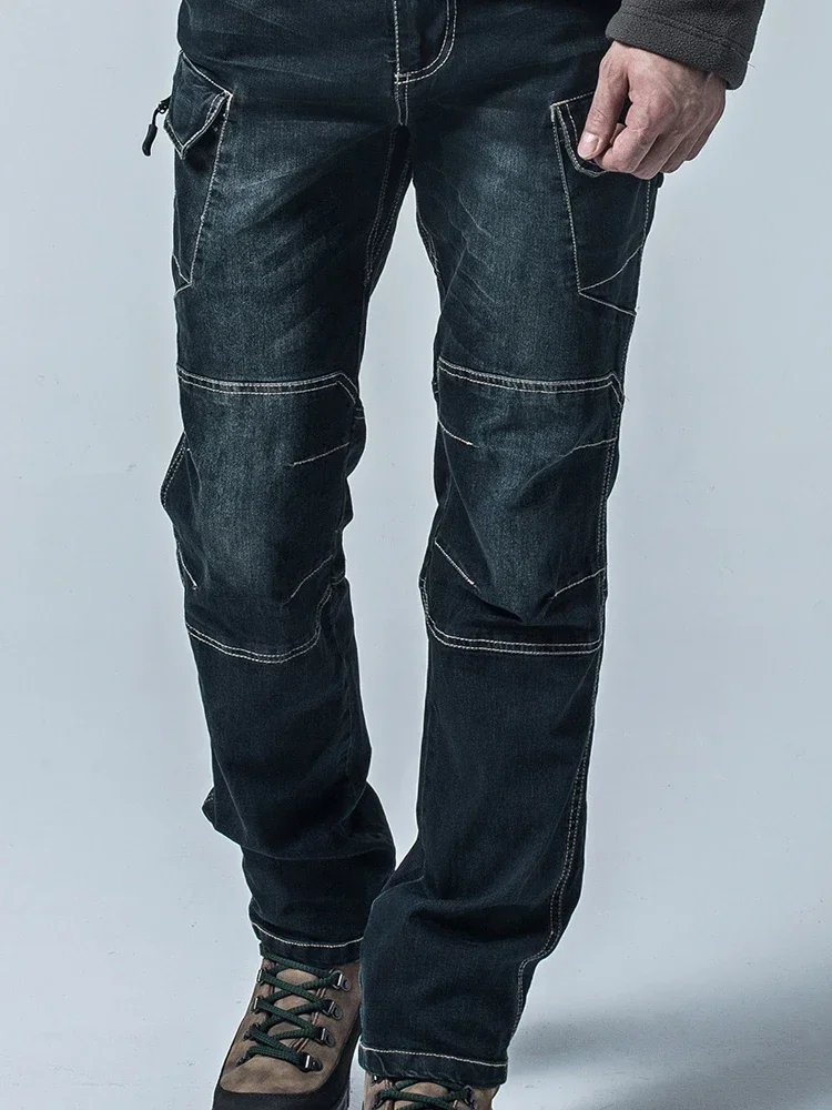 Pantalones vaqueros rectos para hombre, pantalones elásticos ajustados, resistentes al desgaste, múltiples bolsillos, entrenamiento táctico para senderismo al aire libre, color azul - imagen 3