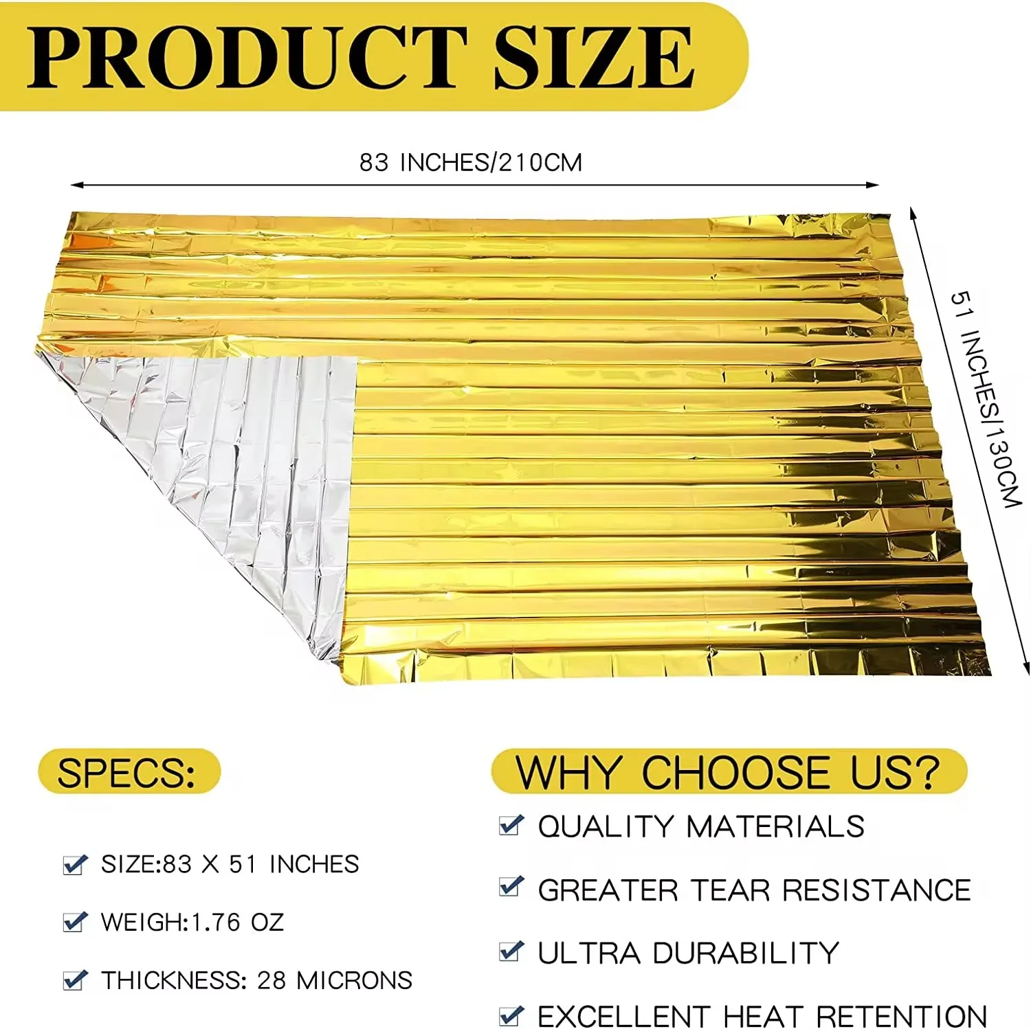 Manta de supervivencia dorada y plateada de emergencia para exteriores, cortina de rescate de primeros auxilios impermeable, manta térmica para acampar, 130x210cm - imagen 2