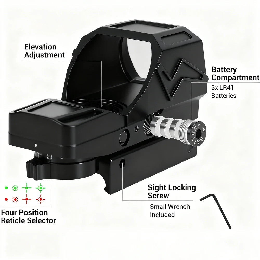 Mira telescópica táctica de punto rojo, 4 retículas, mira réflex iluminada roja y verde, óptica Airsoft, mira telescópica para rieles Picatinny de 20mm - imagen 3