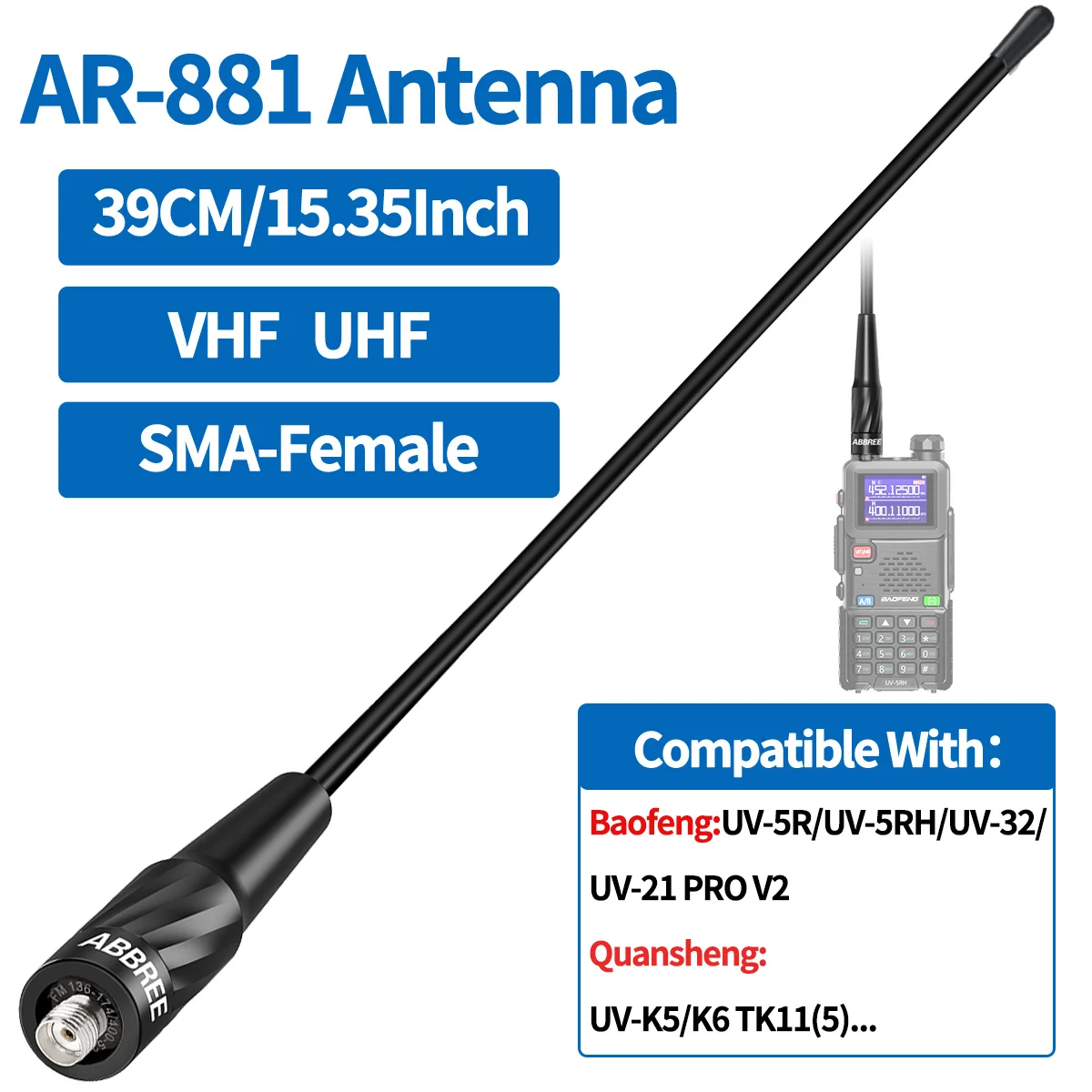 ABBREE AR-881 SMA-antena hembra de doble banda VHF/UHF para Baofeng UV-21 UV-5RH UV-32 Quansheng UV-K5 TK-11 Radioaficionado bidireccional