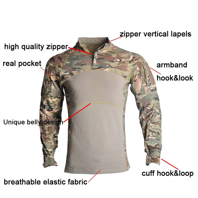 Camisas de combate de asalto rápido, camisa táctica de manga larga, ropa de Airsoft, camiseta de camuflaje, ropa de caza con cremallera - imagen 3