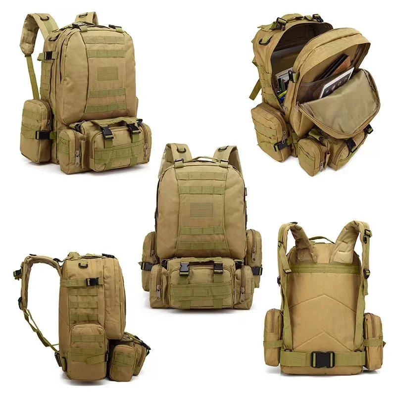 Mochila de caza de 55L 4 en 1, paquete deportivo Molle para exteriores para hombre, mochila de lona de camuflaje para senderismo al aire libre, paquete de ataque impermeable Mochira - imagen 3