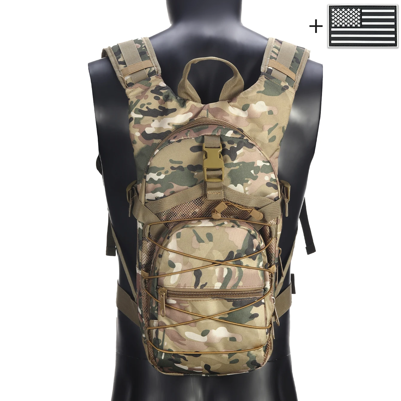 Mochila con correas elásticas y hebillas, bolsillos multicapa confeccionados en materiales duraderos adecuados para ambientes exteriores.