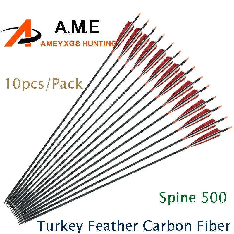 Flechas de tiro de plumas turcas, fibra de carbono, pernos de hierro, adecuadas para arco compuesto, caza, 10 unids/paquete, 500