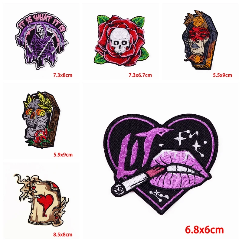 5 unids/lote parche Punk póker rosa/mariposa esqueleto parches bordados para pantalones vaqueros DIY parche de calavera planchar en parches para ropa - imagen 4