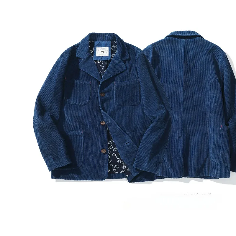 Chaqueta de pana índigo Vintage para hombre, abrigo grueso y cálido con múltiples bolsillos, traje informal de teñido azul, cárdigan de trabajo de negocios para invierno - imagen 5