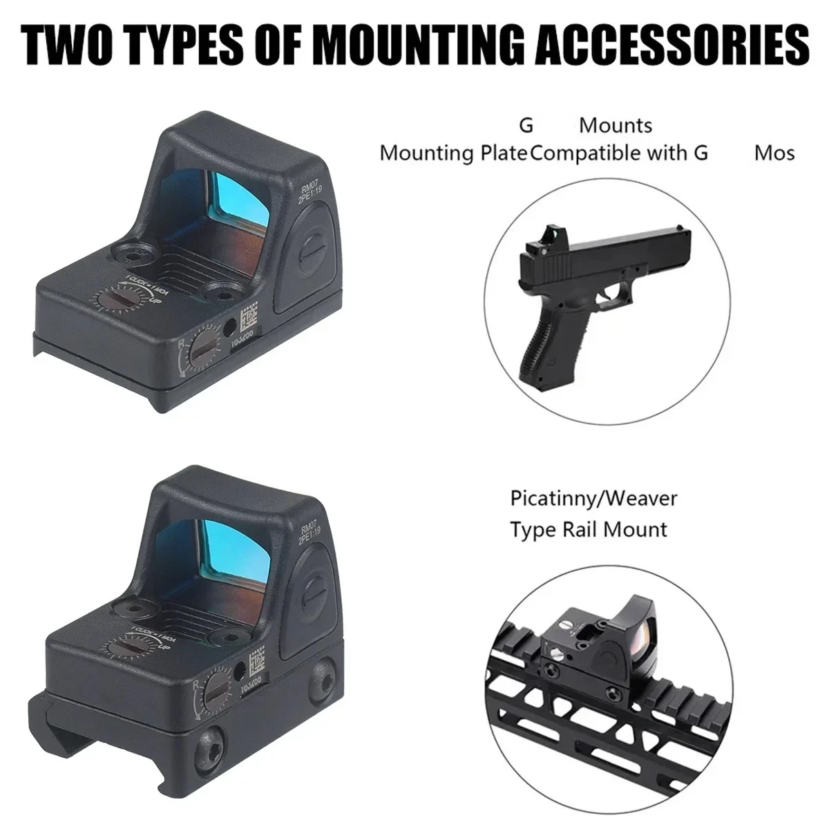 Mira telescópica táctica de punto rojo, NYLON RM de METAL para G17 G19, Base de mira trasera, armas Airsoft, mira telescópica AR15 M4, riel de 20mm para caza - imagen 2