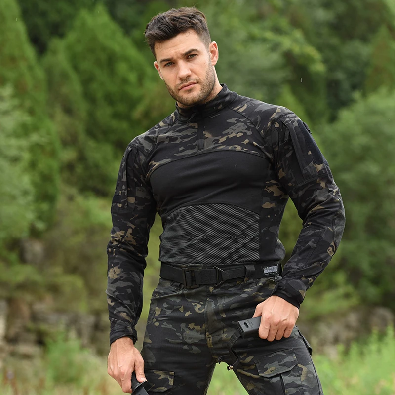 Camisa táctica de Camping para hombre, camisas elásticas de camuflaje de Safari, ropa de combate de carga de manga larga para escalar, ropa de senderismo Softair, Tops - imagen 3