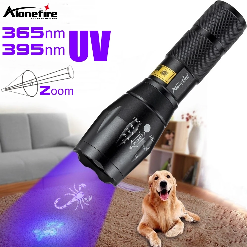Linterna LED UV con Zoom, marcador de tinta Invisible de 365nm y 395nm, orina para perros y gatos, tiña, dinero, escorpión, luz fluorescente, uso AAA 18650 - imagen 2