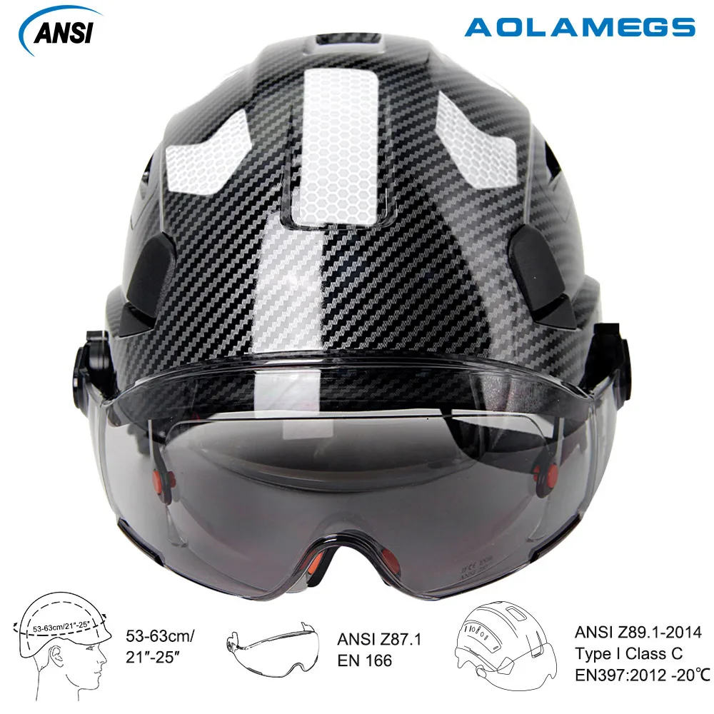 Casco de seguridad para construcción con gafas dobles, orejeras, casco duro con patrón de fibra de carbono ABS, gorro de trabajo para ingeniero ANSI, protección para la cabeza - imagen 5
