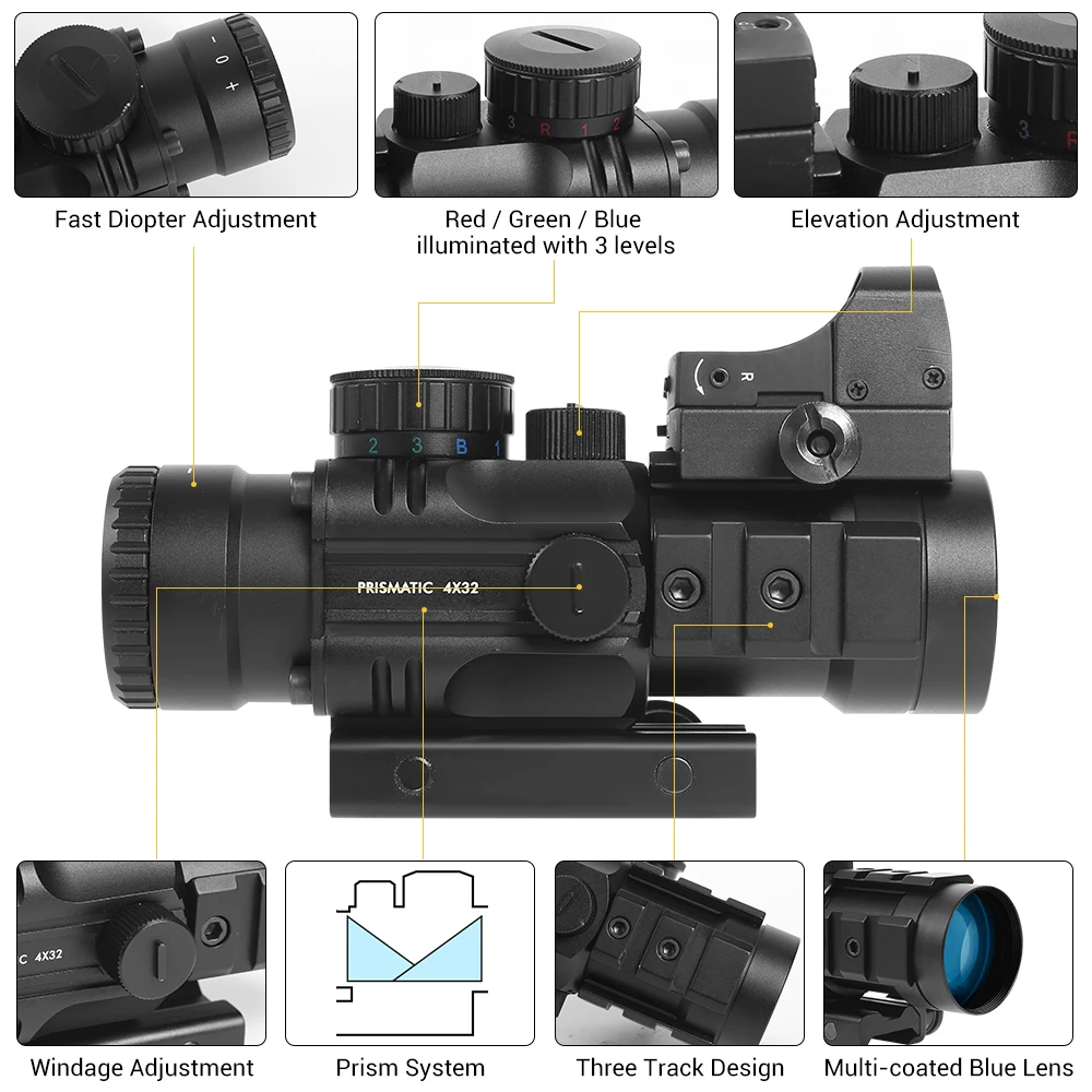 Mira telescópica de Rifle, Prisma táctico compacto CQB, óptica de prisma con punto rojo, mira de reflejo láser verde para caza Airsoft Wargame, 4x32 - imagen 2