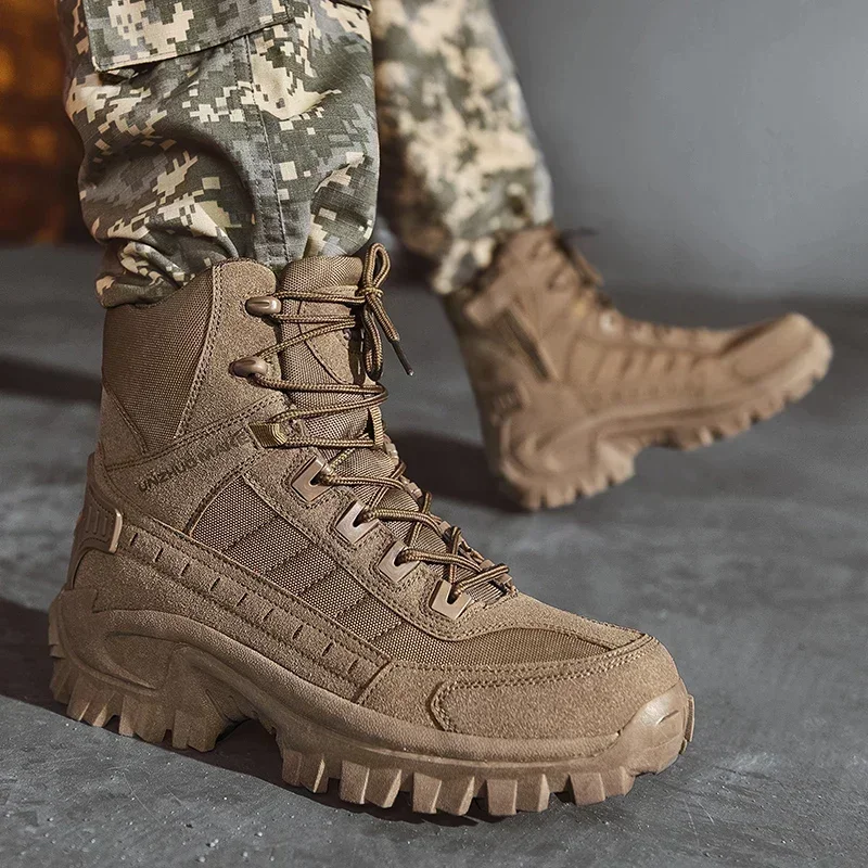 Botas de combate tácticas para hombre, zapatos de senderismo de cuero impermeables para exteriores, botas de trabajo de seguridad para el desierto, botines de combate, talla grande 46 - imagen 4