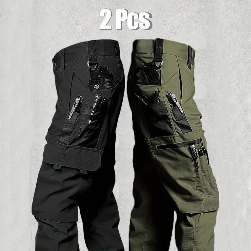 Pantalones de trabajo al aire libre para hombre, 2 uds., pantalones de carga tácticos, ropa de trabajo resistente al desgaste con múltiples bolsillos, pantalones de senderismo impermeables para exteriores - imagen 3