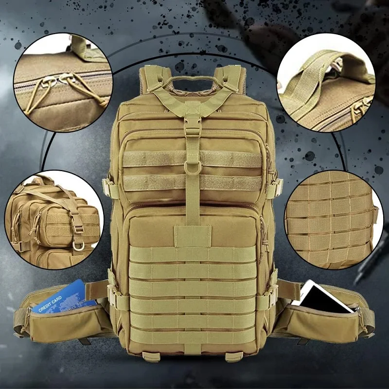 Mochila táctica, paquete de asalto de 3 días, bolsa Molle, 45L, grande, impermeable, para exteriores, senderismo, Camping, viaje, mochila 600D - imagen 5