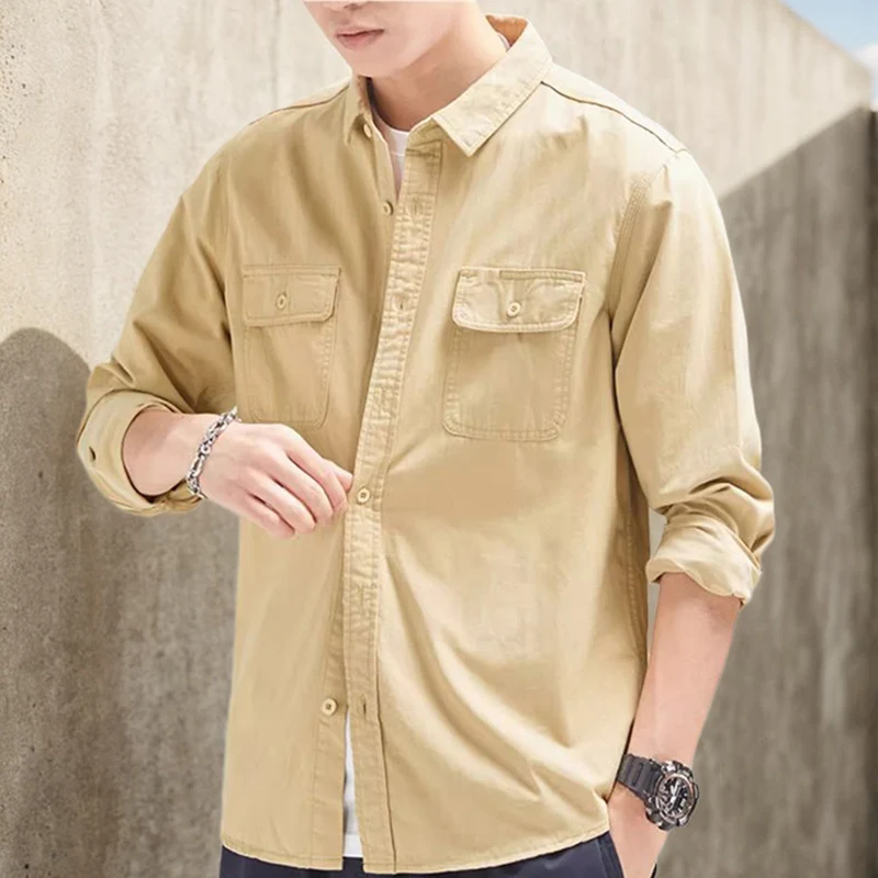 Camisas de calle para hombre, chaqueta ligera informal, camisa de manga larga con dos bolsillos, chaqueta Retro Harajuku para primavera y otoño, 2 uds. - imagen 3