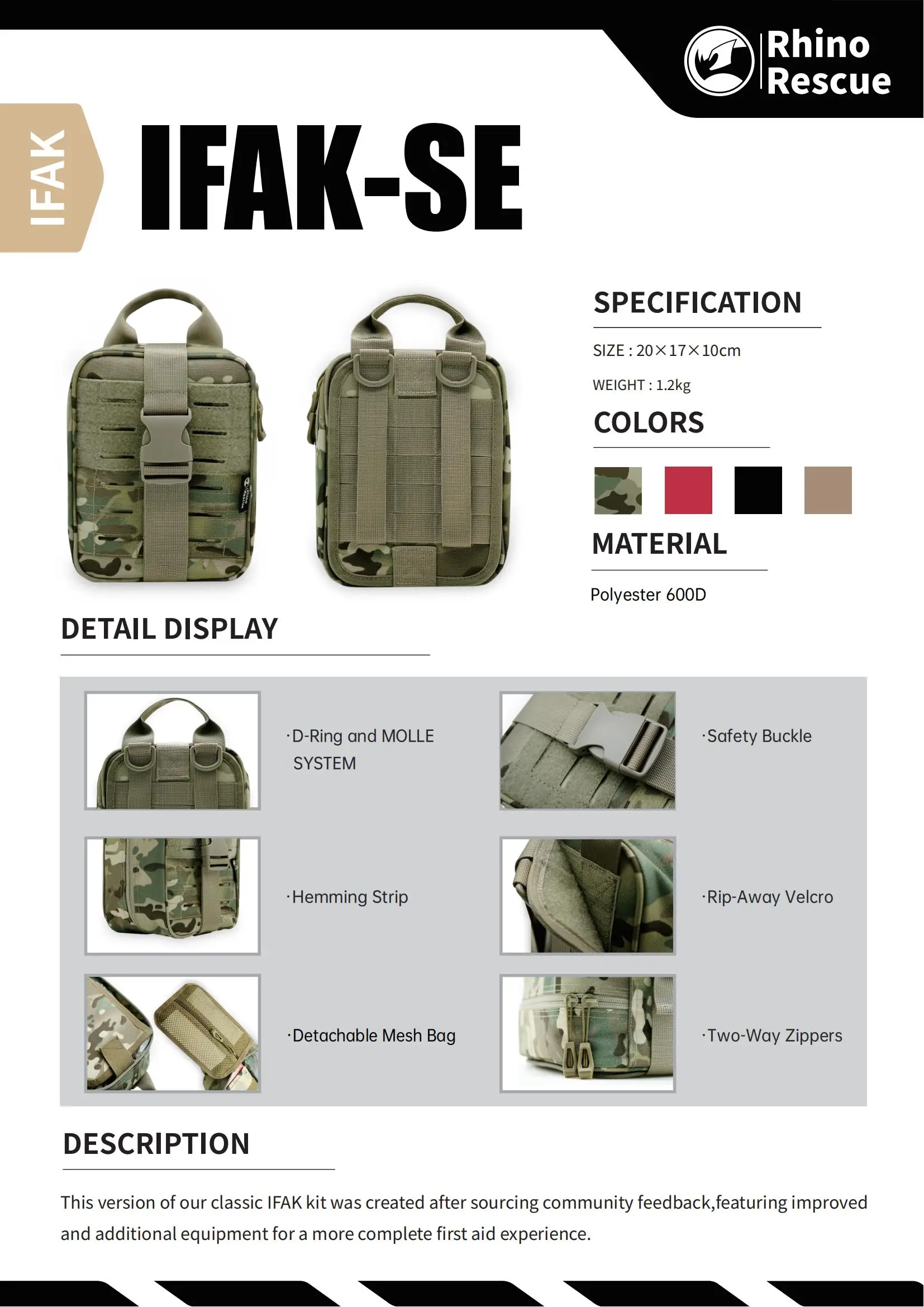 Una página de productos de rescate de rinocerontes para una mochila IFAK-SE