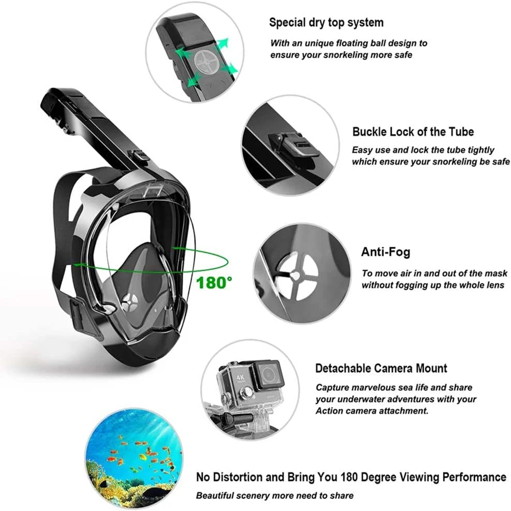 JSJM Máscara de snorkel de cara completa con soporte de cámara desmontable Snorkel Natación Máscara de buceo Vista amplia Anti-niebla Anti-fugas para adultos - imagen 3