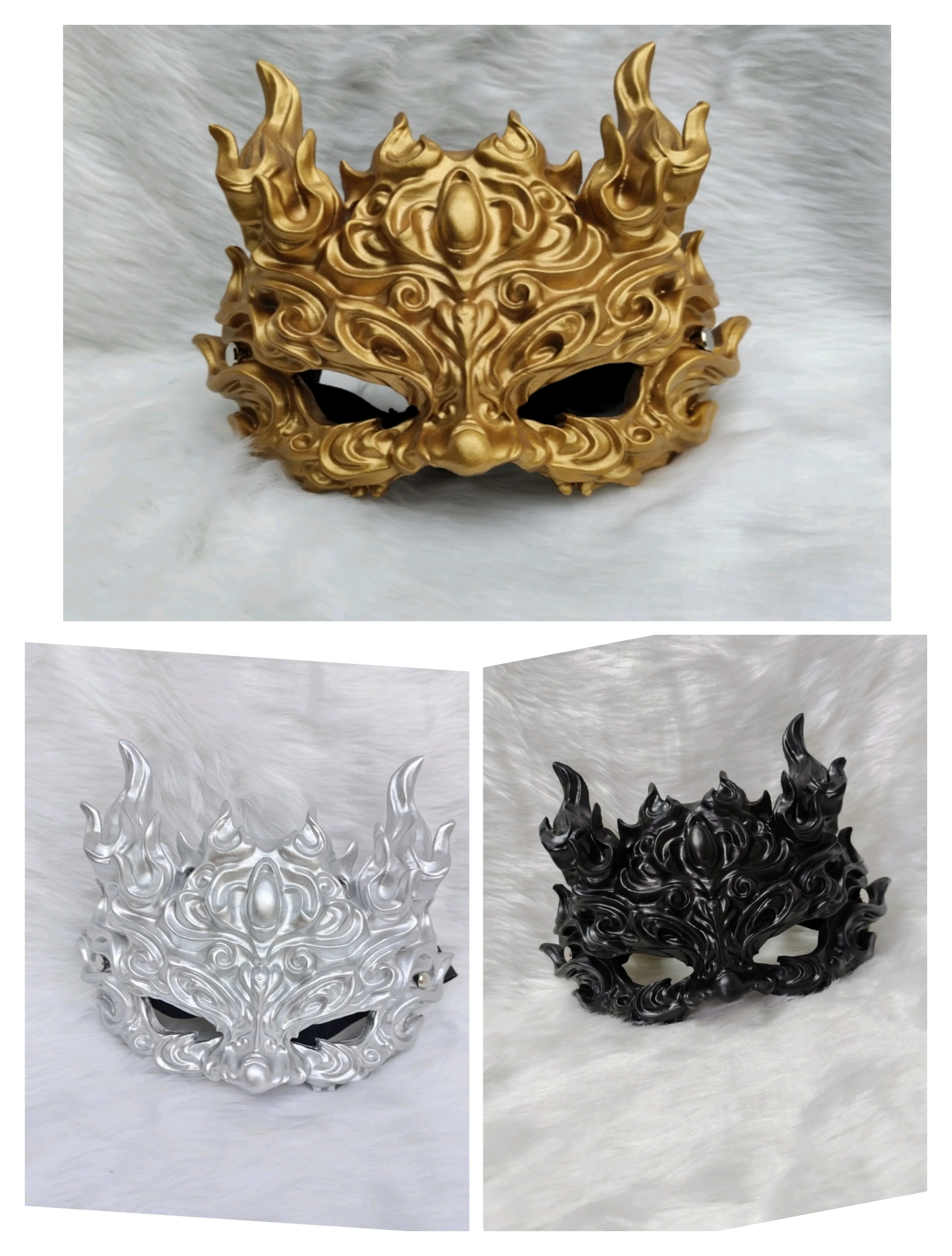 La máscara de media cara de estilo chino está hecha de resina y características elementos de la bestia mítica tradicional china, el Qilin