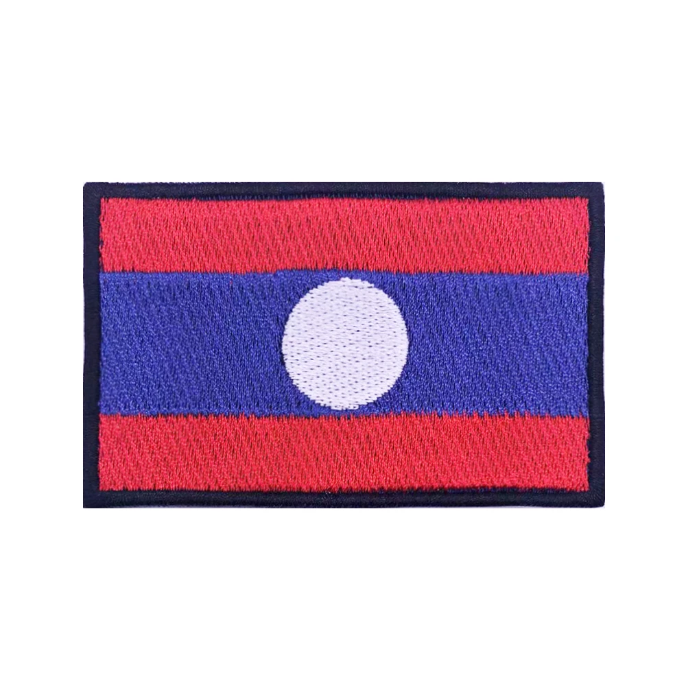 Parches de la bandera de Laos, parche bordado de banda para el brazo, Parche de gancho y lazo, insignia bordada de hierro, raya militar