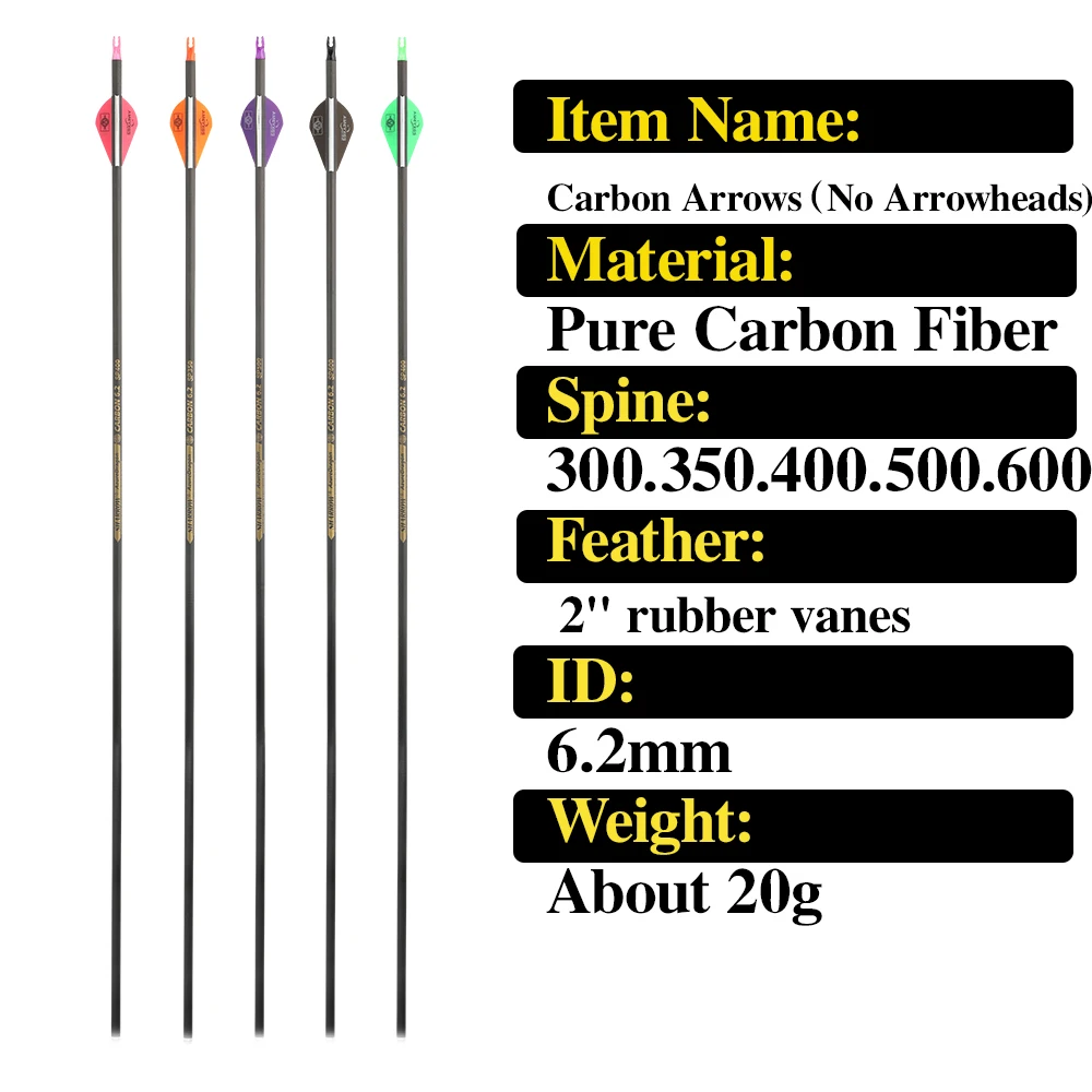 2 "paletas de tiro con arco flechas de carbono puro 30 pulgadas sin puntas arco compuesto recurvo tiro caza columna vertebral 400/500/600/ID6.2mm 6/12 Uds - imagen 2