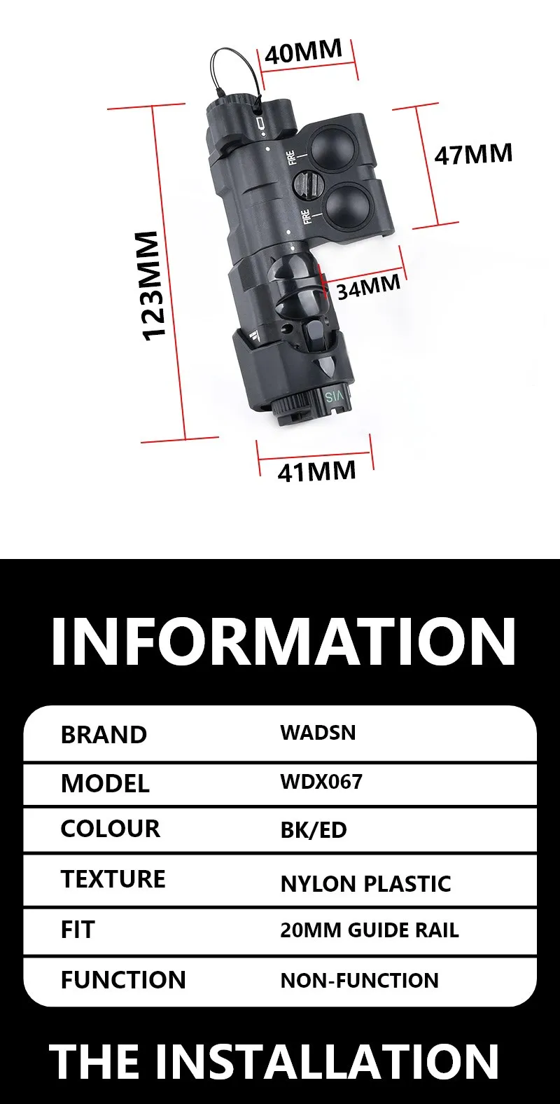 Una cámara negra con fondo blanco y una etiqueta que dice información