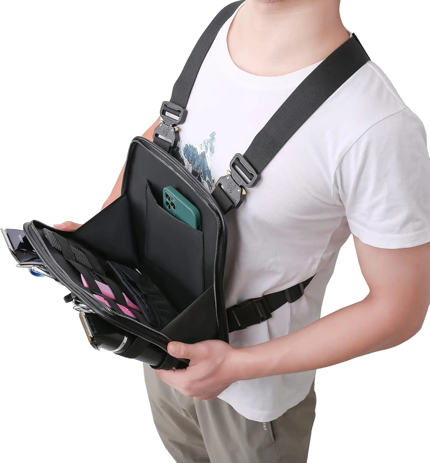 Bolsa de aparejo de pecho de cuero PU para peluqueros, cortaúñas y suministros, bolsa de tijera de peluquería profesional, organizador de suministros de peluquero - imagen 4