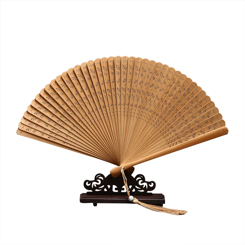 Abanico japonés antiguo de bambú tallado mini – Rojo y negro para baile - imagen 4
